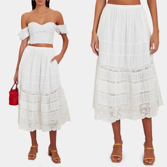 LoveShackFancy Dresses & Skirts - NWT $395 LoveShackFancy Quill Lace-Trimmed Cotton Midi Skirt in True White